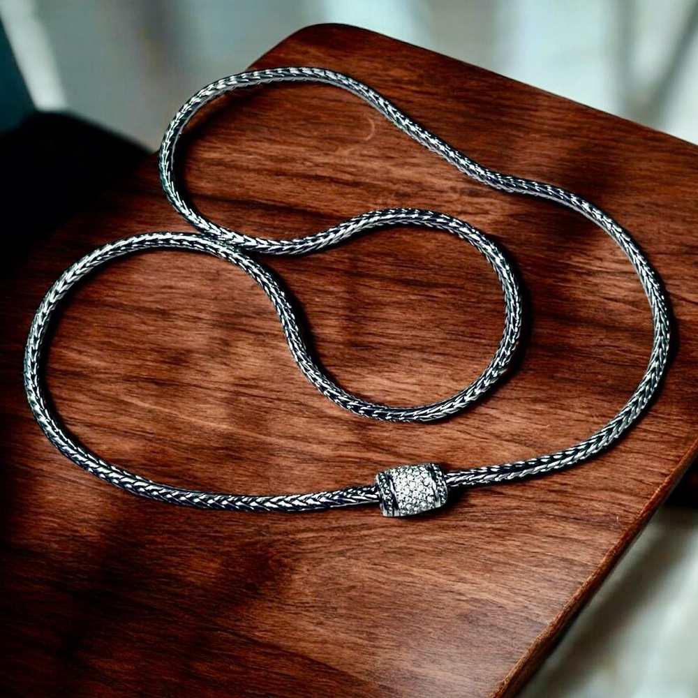 Sterling Silver Tone Woven Wheat Chain Necklace Clear Pave Crystal Barrel‎ Bead
